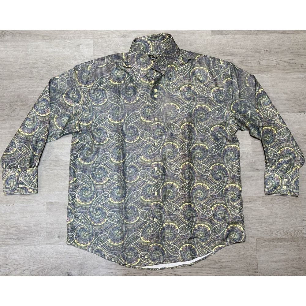 Daniel Ellissa Satin Paisley Button Down Shirt Mens Size XL Long Sleeve Green